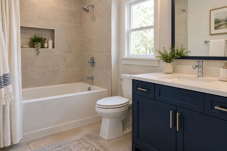Bathroom bathtub, shower, basin and chrome fixtures beside a navy vanity