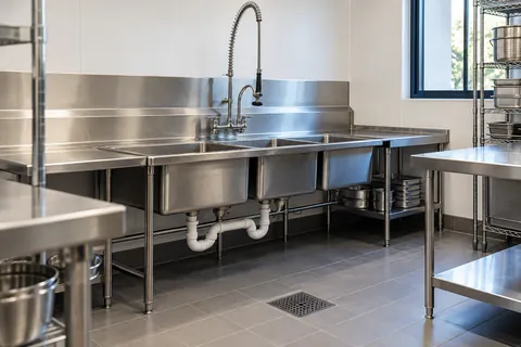 Commercial stainless steel sink with a pre-rinse faucet and drain plumbing