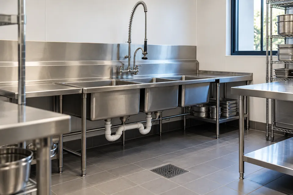 Commercial stainless steel sink with a pre-rinse faucet and drain plumbing