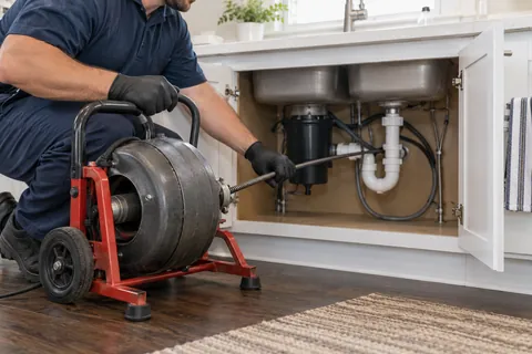 Plumbing professional beside a drain-cleaning machine and open sink cabinet
