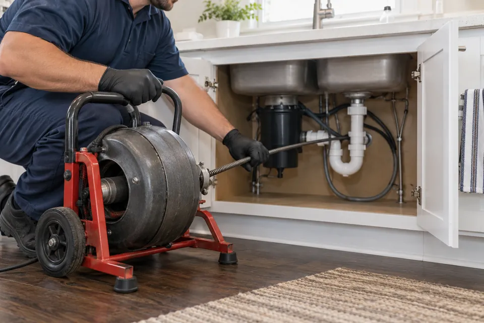 Plumbing professional beside a drain-cleaning machine and open sink cabinet