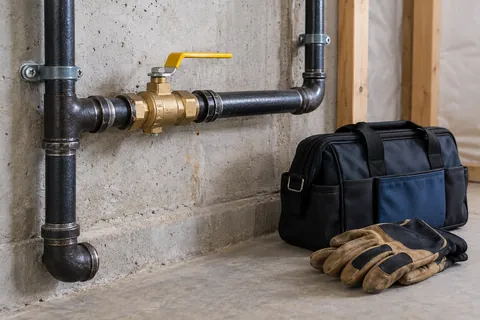 Black steel gas piping and a shutoff valve with an inspection tool bag nearby