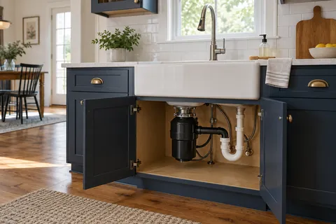 Kitchen sink and faucet above an open cabinet with a disposal and drain trap