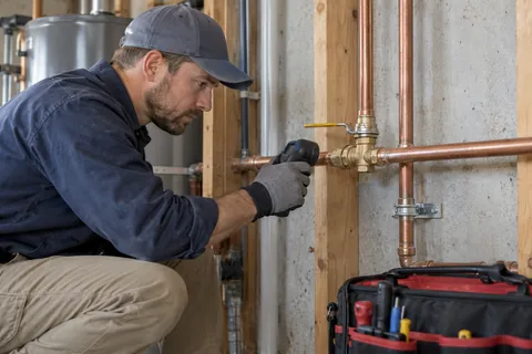 Plumbing professional inspecting copper supply piping and a shutoff valve