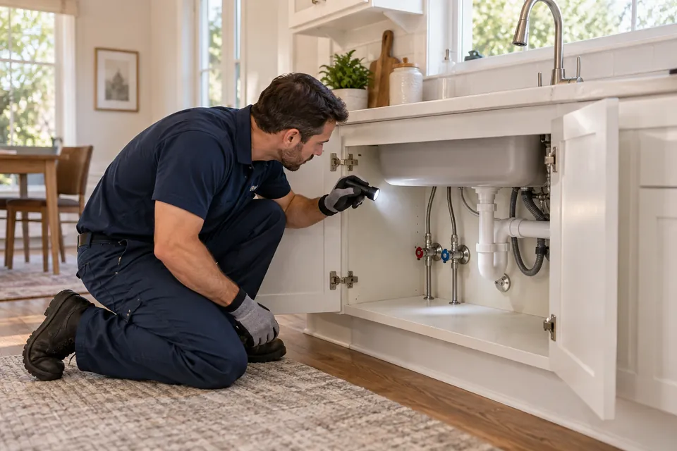 Plumber inspecting water connections beneath a kitchen sink with a flashlight