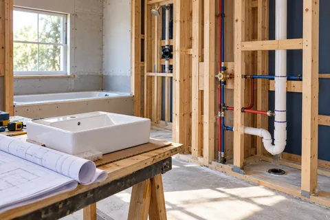 Exposed supply and drain pipes in a bathroom renovation with a basin awaiting installation