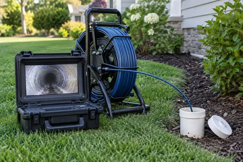Sewer camera reel and monitor beside an outdoor cleanout