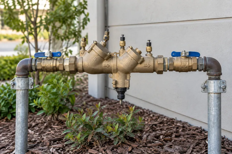 Brass backflow prevention assembly on supported supply piping outside a building.