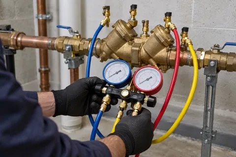 Gloved technician holding a pressure-test kit beside a backflow assembly.