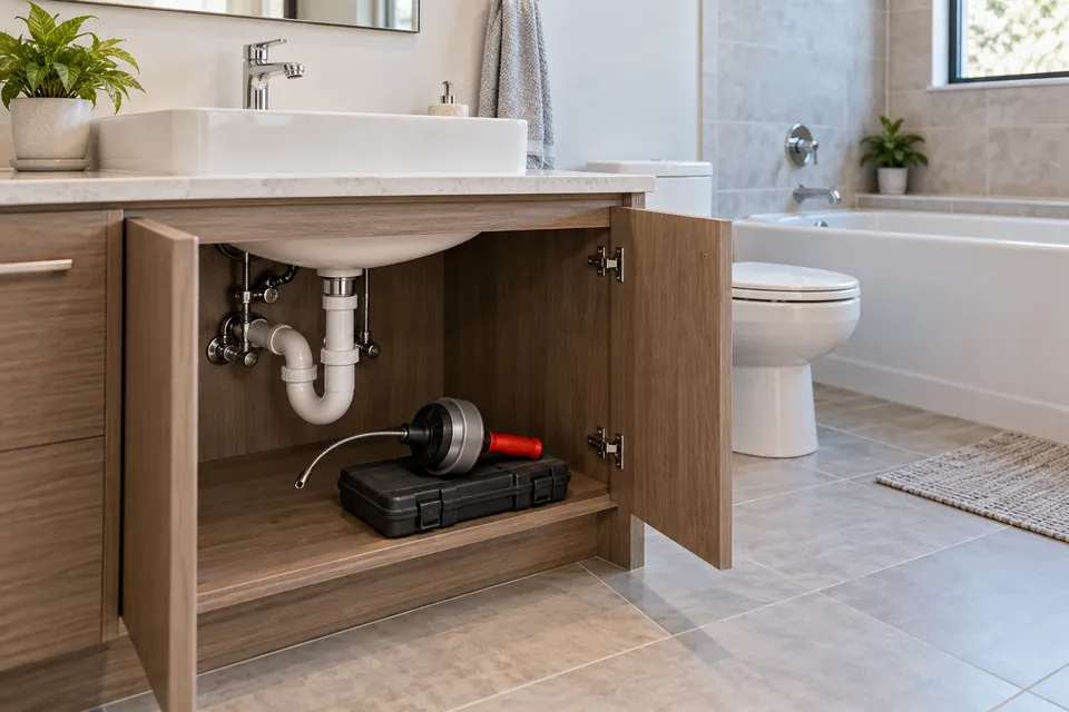Bathroom basin drain beneath an open vanity, with other fixtures visible beyond.
