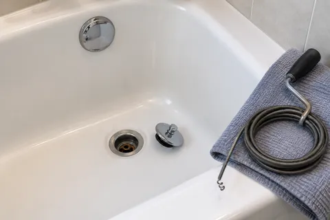 Bathtub drain and removed stopper beside a compact hand auger.