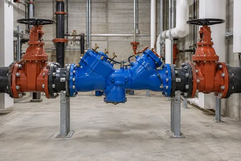 Large backflow assembly and shutoff valves in a commercial mechanical room.
