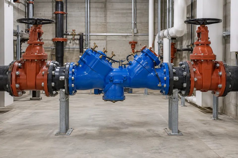 Large backflow assembly and shutoff valves in a commercial mechanical room.