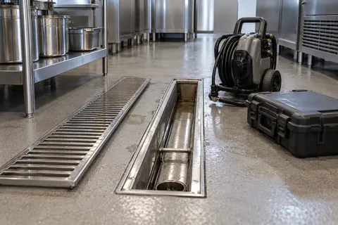 Commercial kitchen trench drain with a removed grate and maintenance equipment nearby.