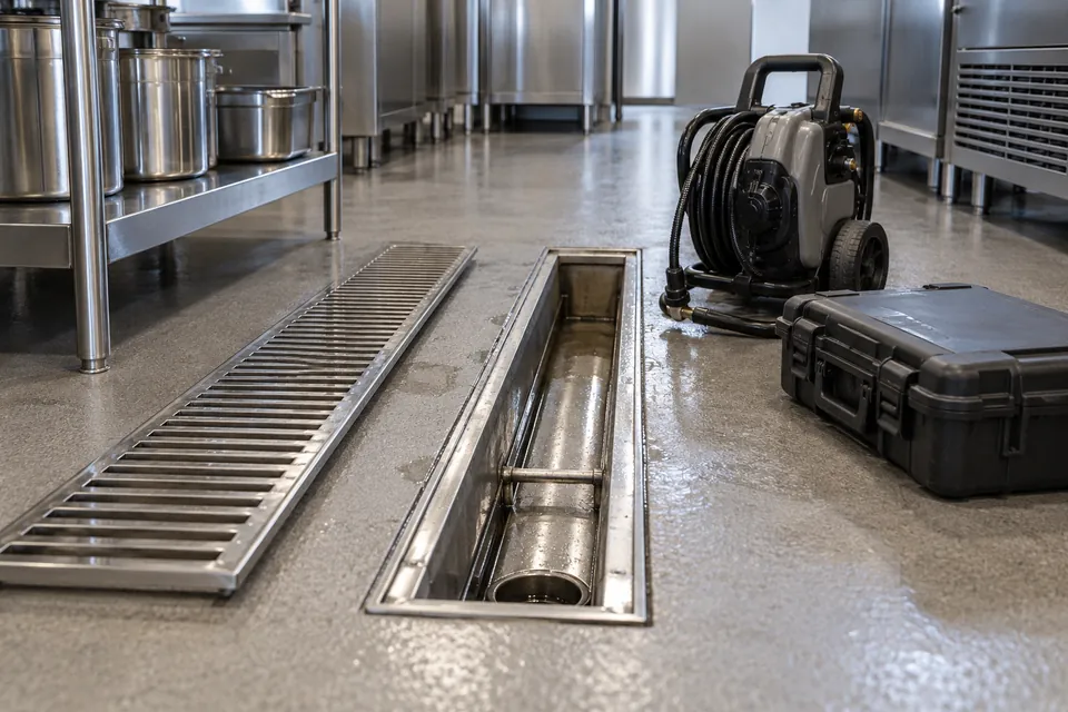 Commercial kitchen trench drain with a removed grate and maintenance equipment nearby.