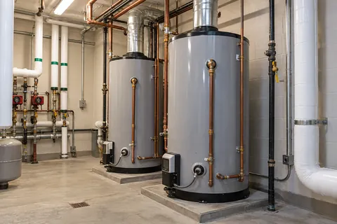 Commercial water heaters with organized piping and clear service access.
