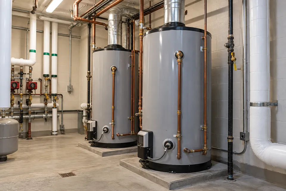 Commercial water heaters with organized piping and clear service access.