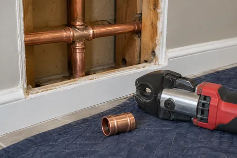 Copper supply pipe beside a replacement coupling and pressing tool.