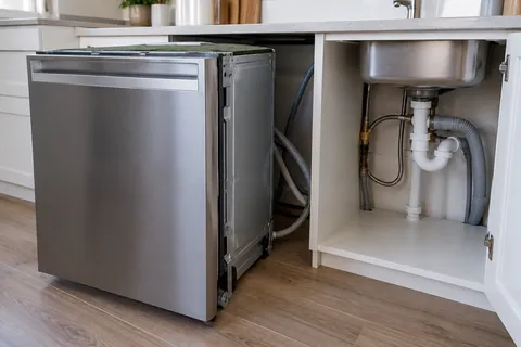 Dishwasher and visible water and drain hoses beside an open kitchen cabinet.