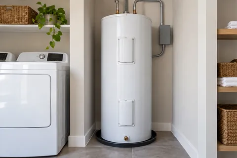 Electric storage water heater with closed access covers and connected conduit.