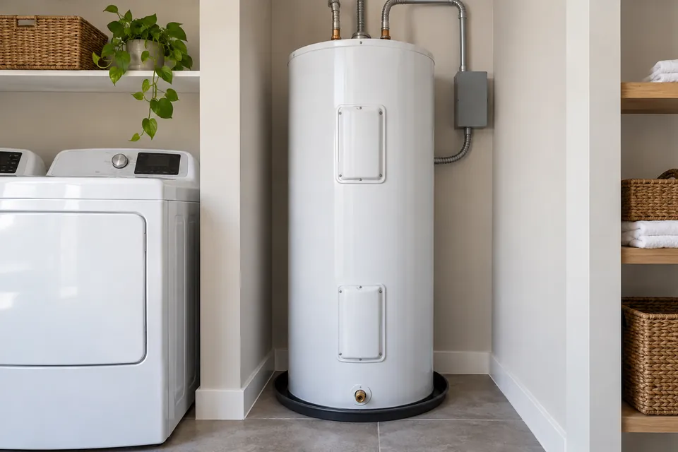 Electric storage water heater with closed access covers and connected conduit.