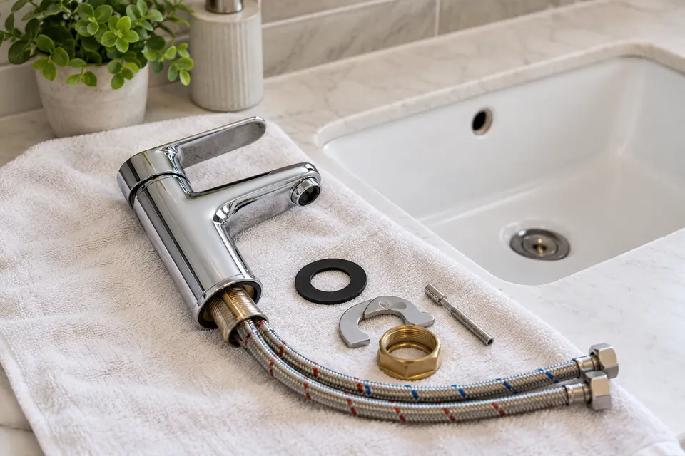 New basin faucet with connectors and mounting parts beside a sink.