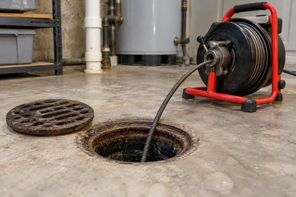 Utility-room floor drain with a lifted grate and drain-cleaning reel nearby.