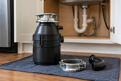 New garbage disposal with mounting and drain parts below an open sink cabinet.