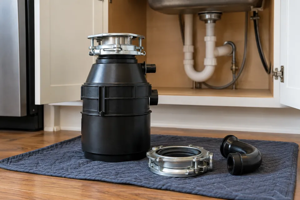 New garbage disposal with mounting and drain parts below an open sink cabinet.