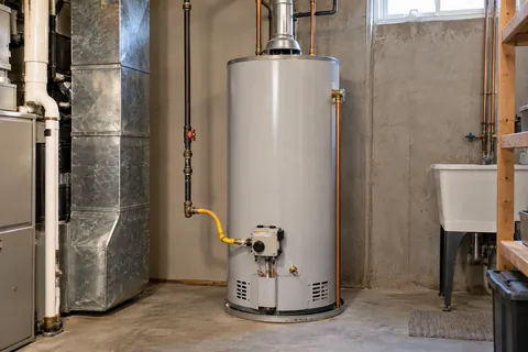 Gas storage water heater with a metal flue and enclosed burner area.
