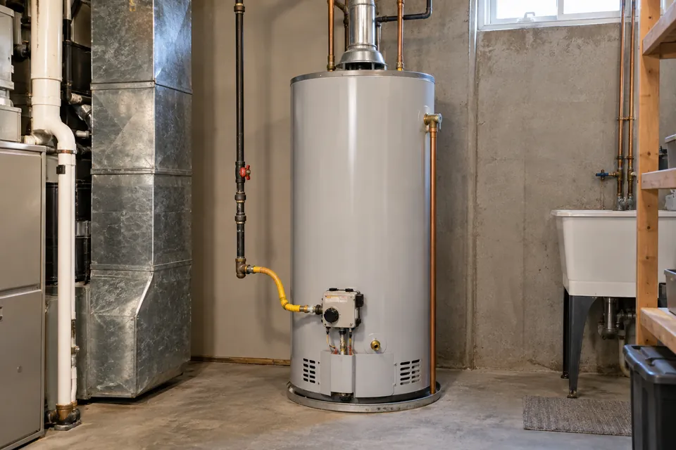 Gas storage water heater with a metal flue and enclosed burner area.
