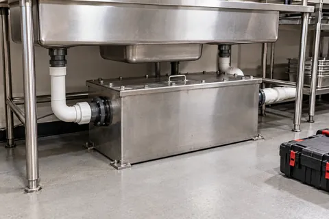 Commercial grease interceptor beneath a utility sink with service equipment nearby.