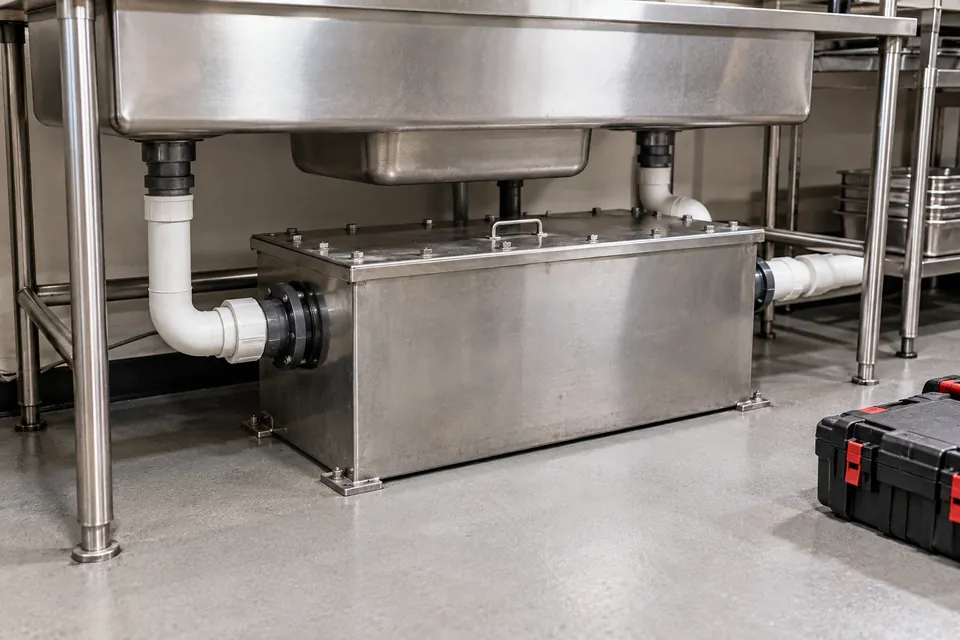Commercial grease interceptor beneath a utility sink with service equipment nearby.