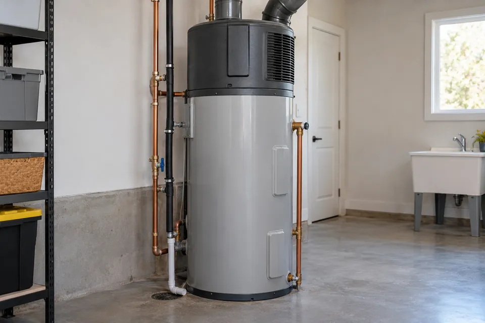Heat-pump water heater with a vented upper housing in a utility room.