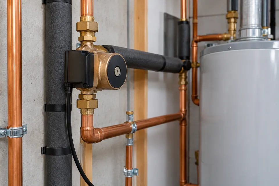 Compact hot-water recirculation pump connected to return piping beside a heater.