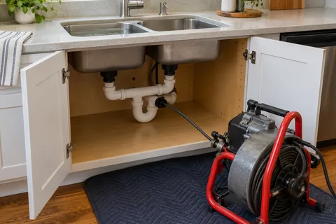 Double kitchen sink with an open cabinet and drain-cleaning equipment nearby.