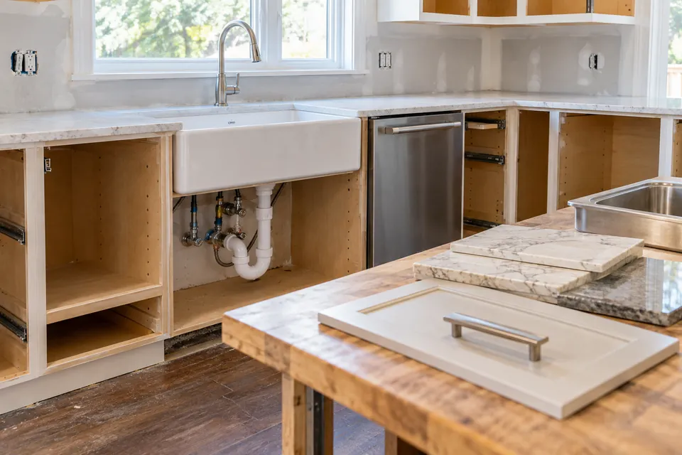 Kitchen cabinets and appliance spaces with exposed plumbing connections during a remodel.