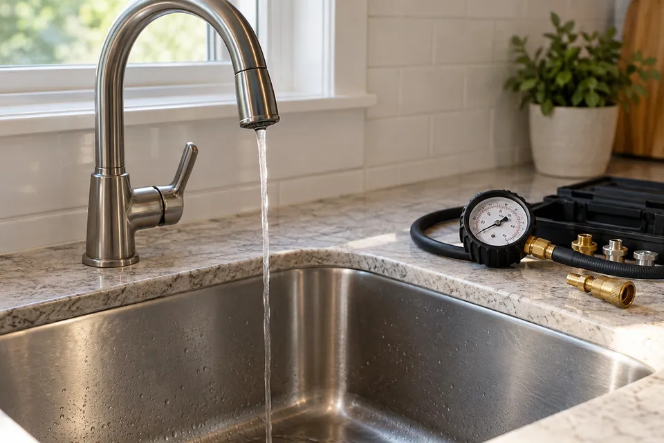 Kitchen faucet with a weak stream and a pressure-testing kit on the counter.