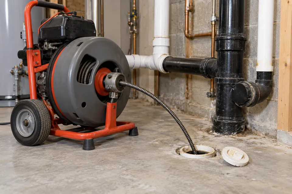 Drain-cleaning machine beside a main waste-line access point in a basement.