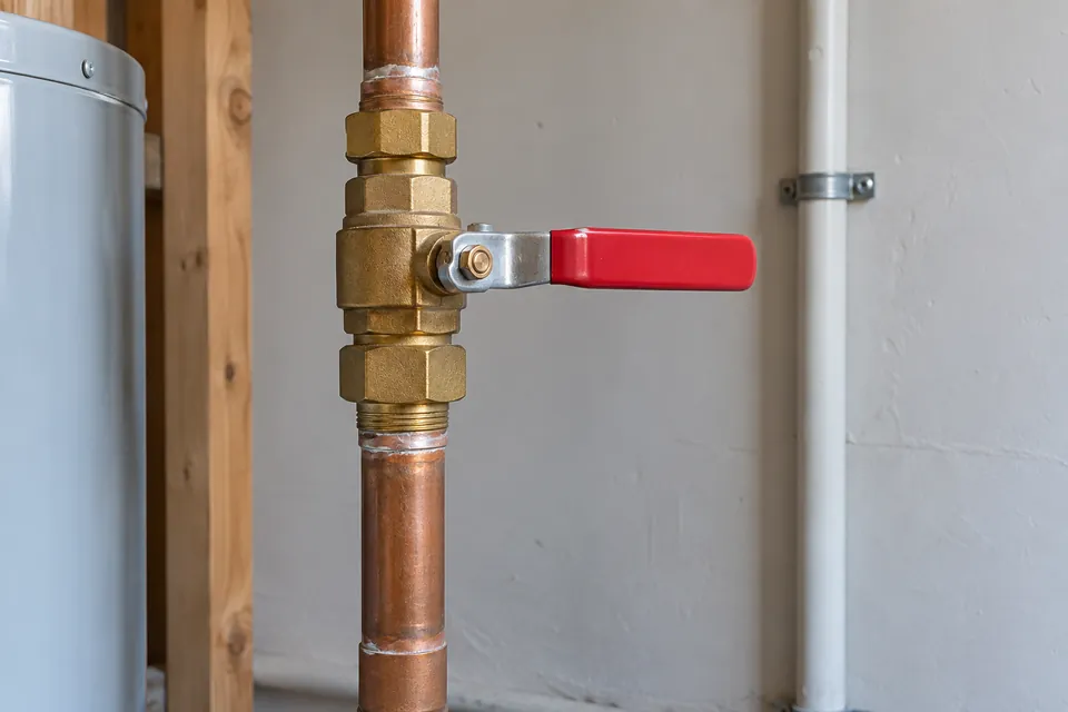 Accessible main water shutoff valve on a residential supply pipe.