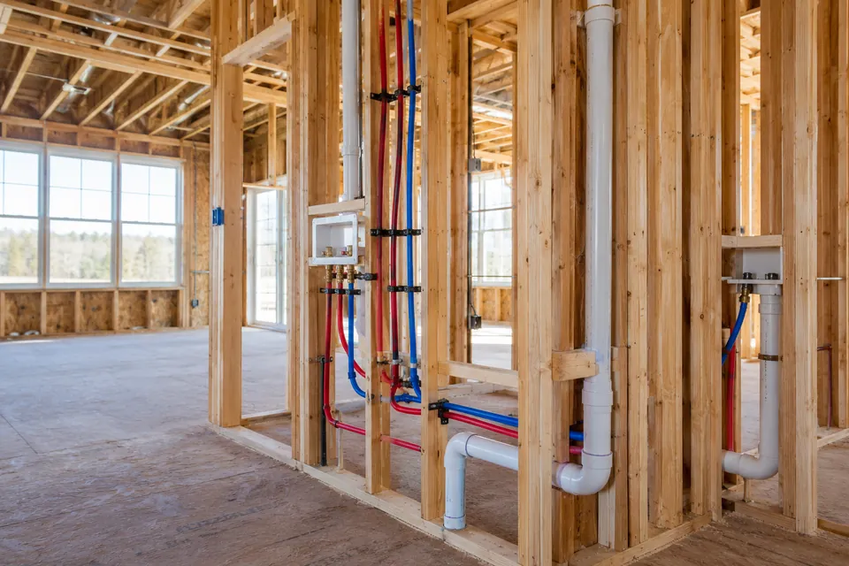 Supply and drain plumbing roughed into the framing of a new home.