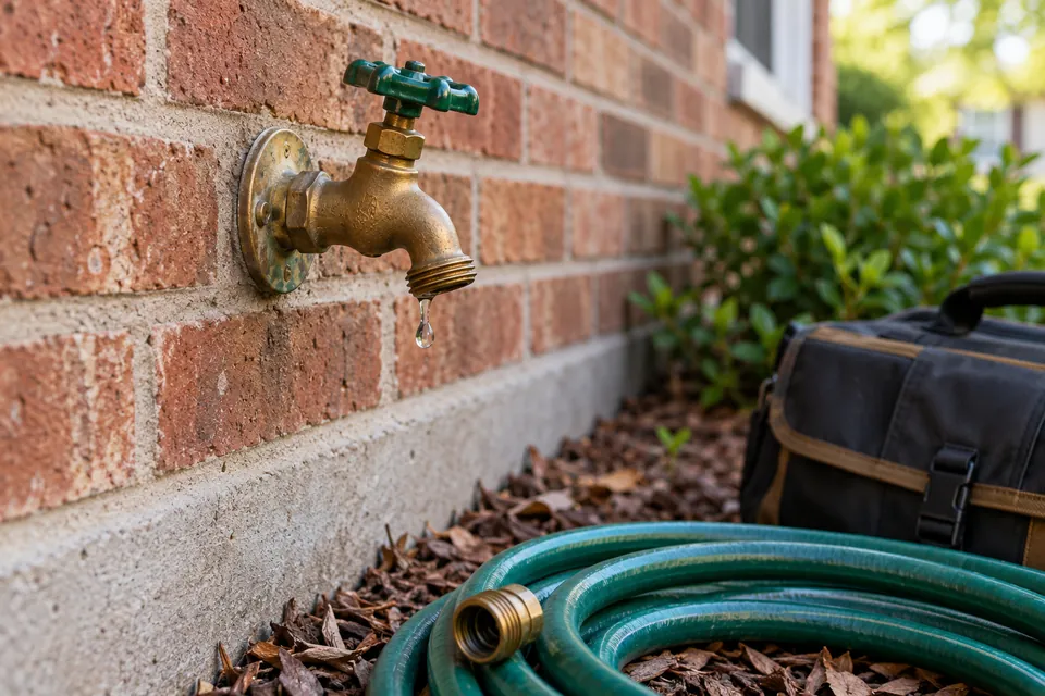 Outdoor faucet with a small drip and a disconnected garden hose below it.