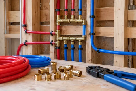 Red and blue PEX tubing with fittings and a tubing tool nearby.