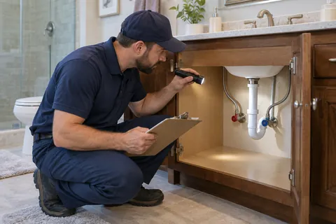 Professional checking accessible plumbing with a flashlight and clipboard.
