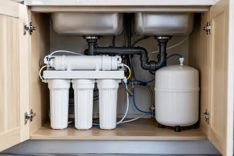 Under-sink reverse-osmosis filters, membrane housing, and storage tank.