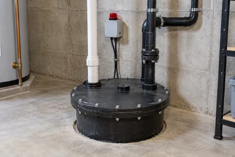 Closed sewage-ejector basin with vent and discharge piping and an alarm enclosure.