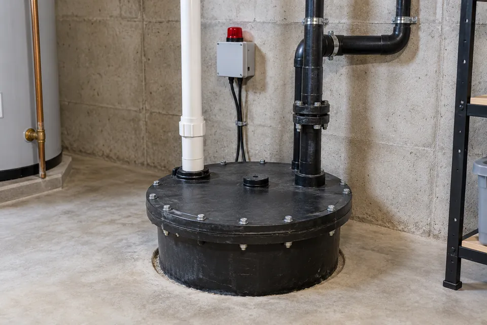 Closed sewage-ejector basin with vent and discharge piping and an alarm enclosure.
