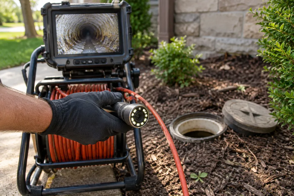 Small sewer camera head held beside its reel and inspection monitor.