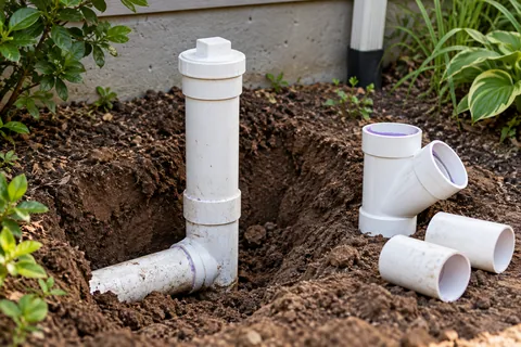 Capped sewer cleanout beside pipe fittings prepared for access-point work.