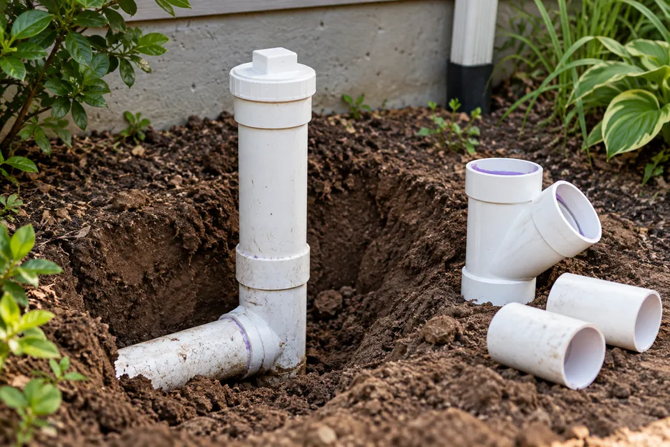 Capped sewer cleanout beside pipe fittings prepared for access-point work.